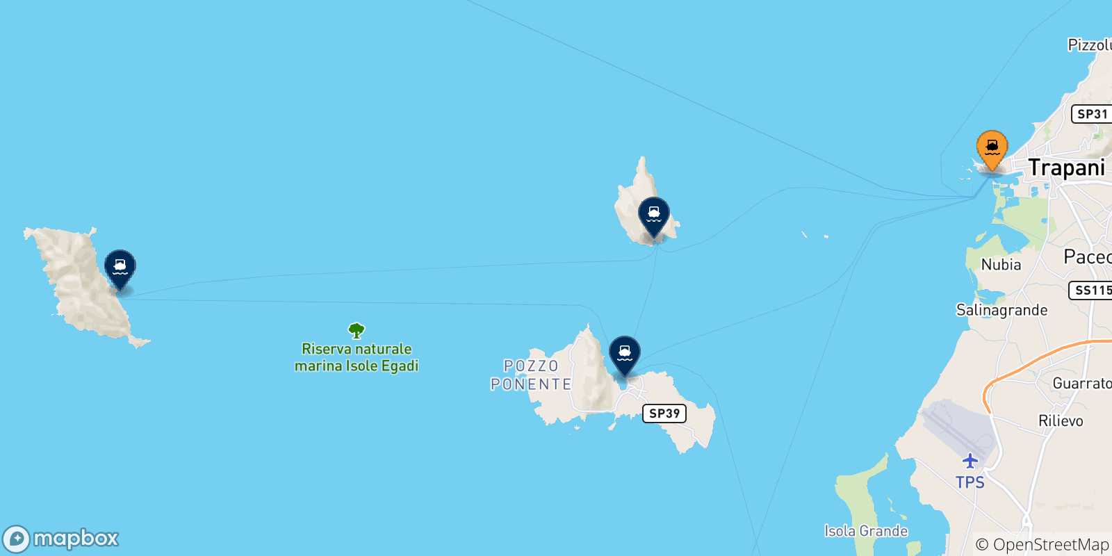 Carte des traversées possibles entre Trapani et les Îles Égades