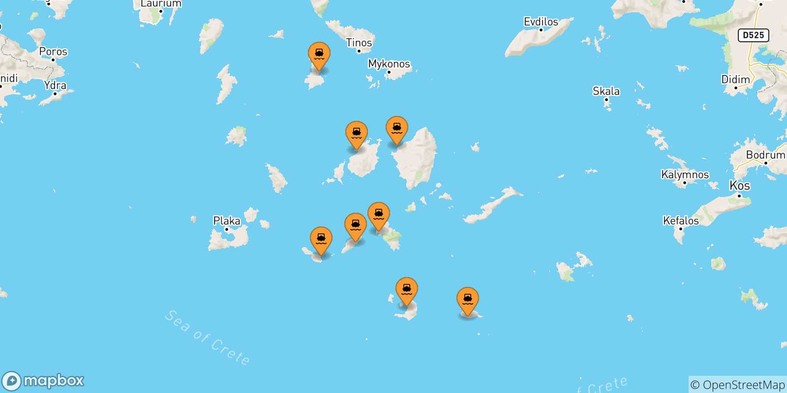 Carte des traversées possibles entre Îles Des Cyclades et Thirassia