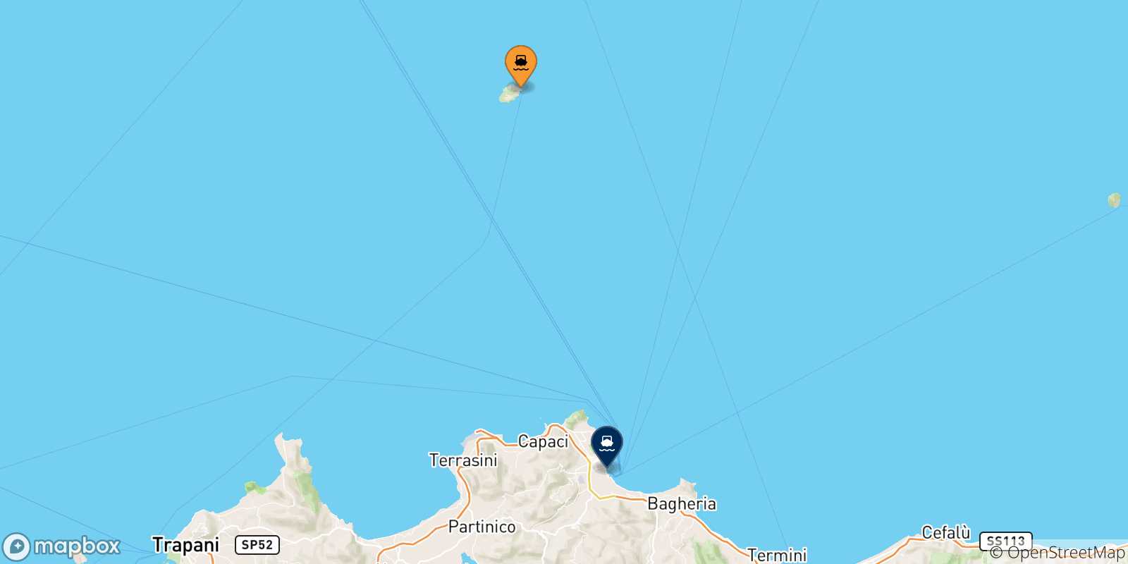 Carte des traversées possibles entre Ustica et l'Italie