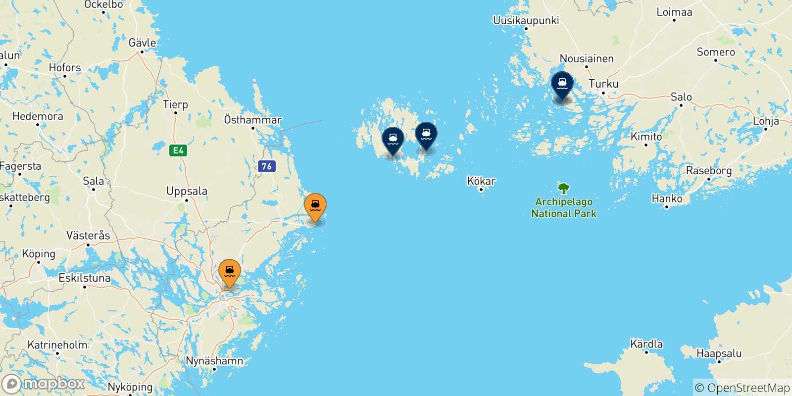 Carte des traversées possibles entre la Suède et la Finlande
