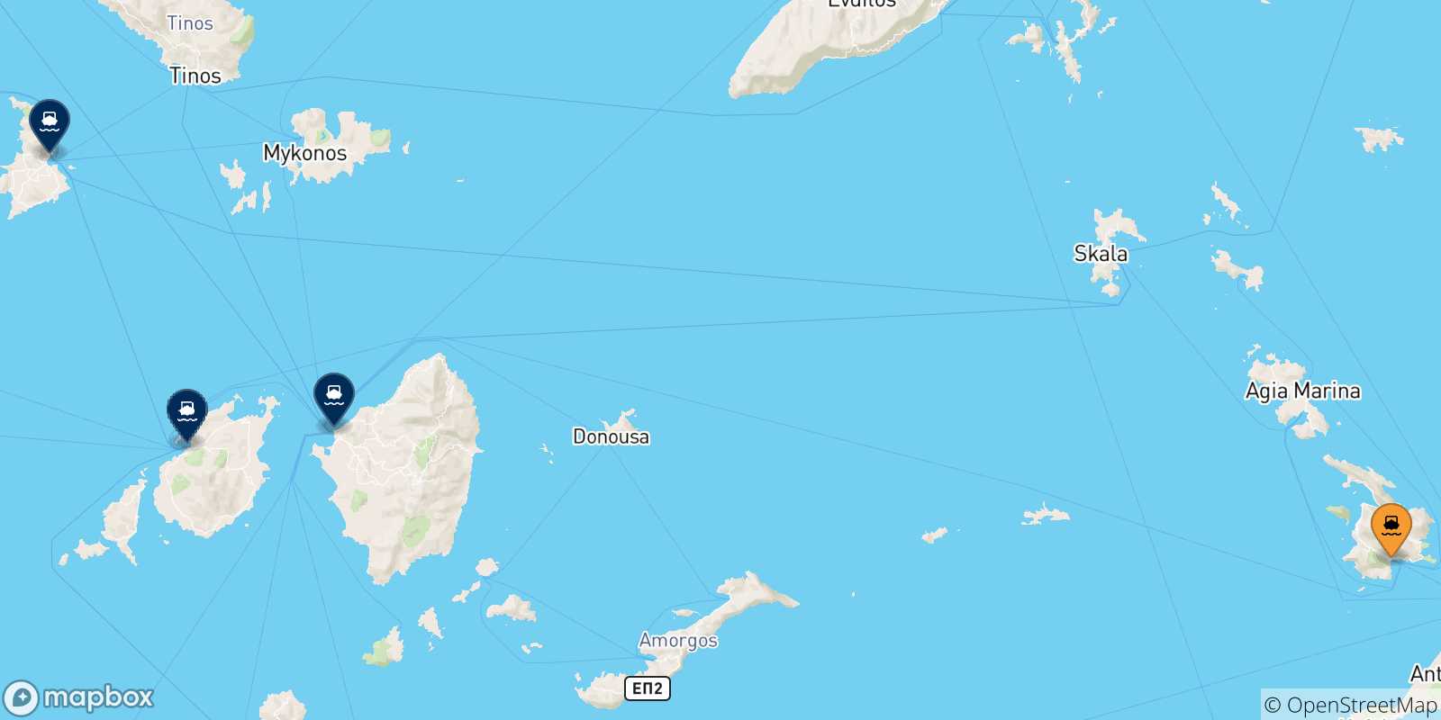 Carte des traversées possibles entre Kalymnos et Îles Des Cyclades
