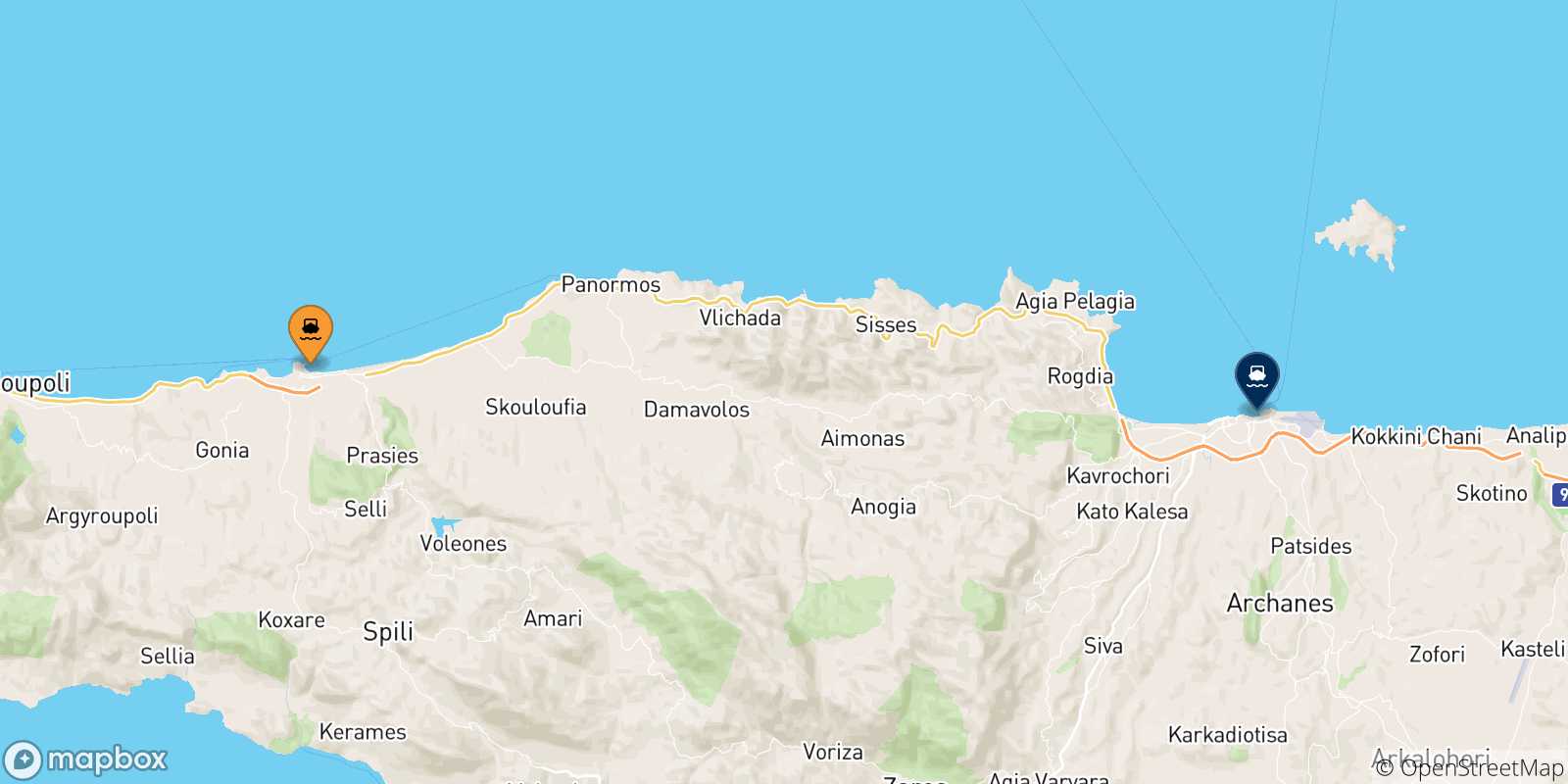 Carte des traversées possibles entre Rethymnon et la Crète