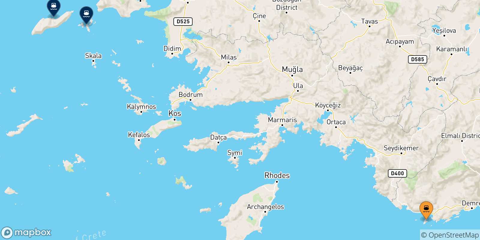 Carte des traversées possibles entre Kastellórizo et les Îles Égéennes