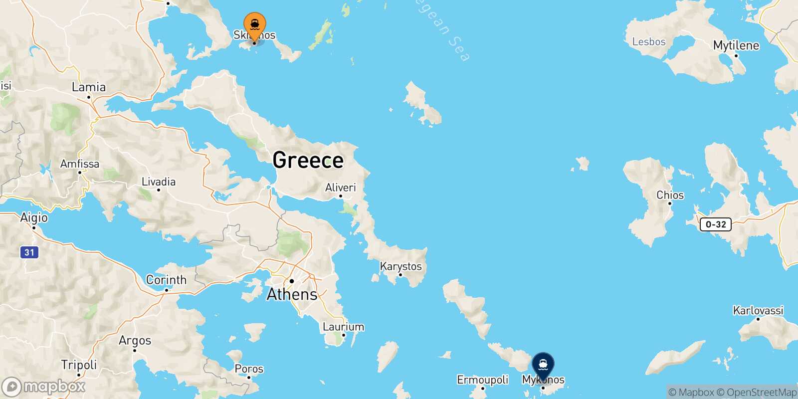 Carte des traverséesSkiathos Mykonos
