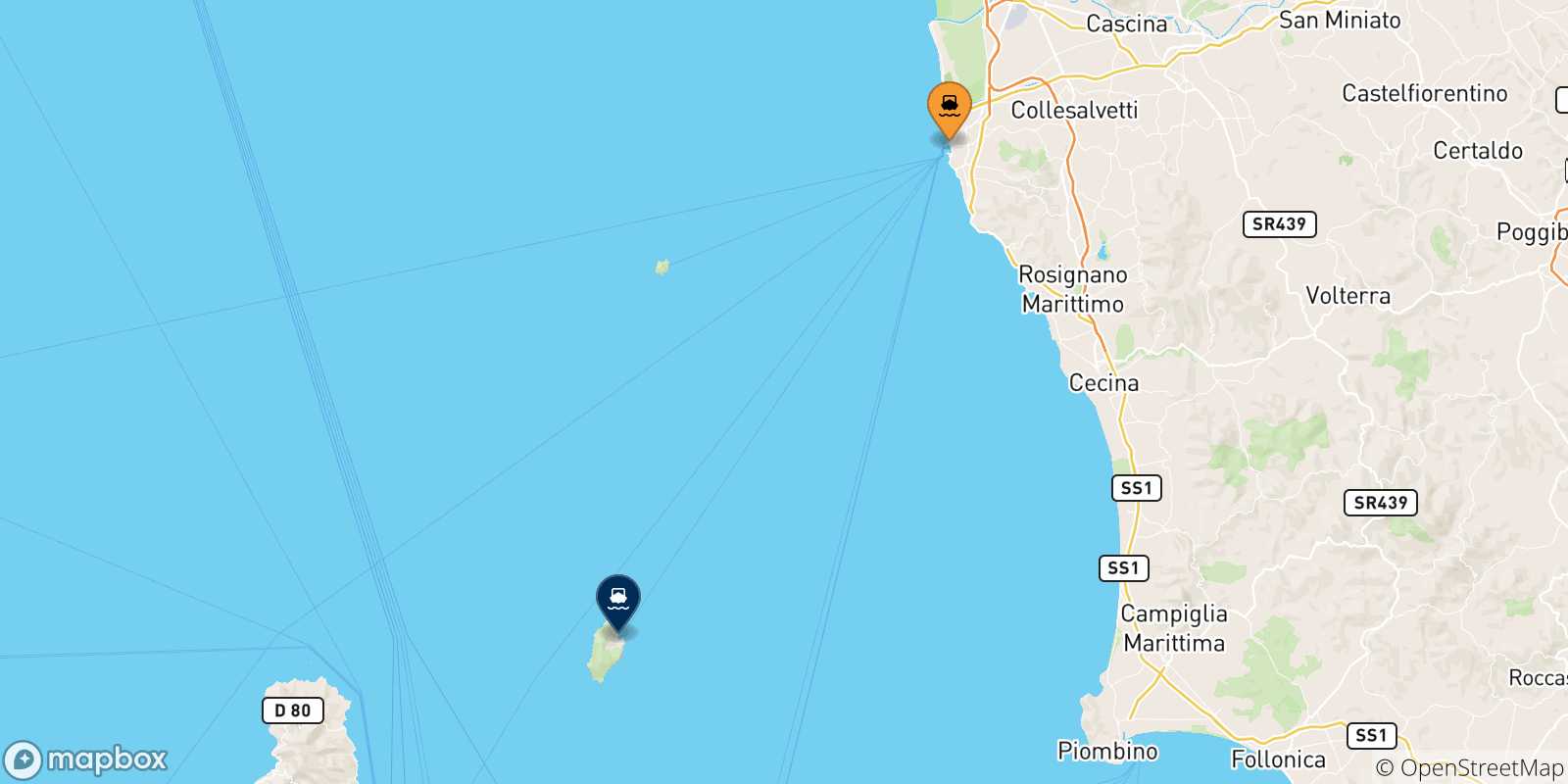 Carte des traversées possibles entre l'Italie et Capraia