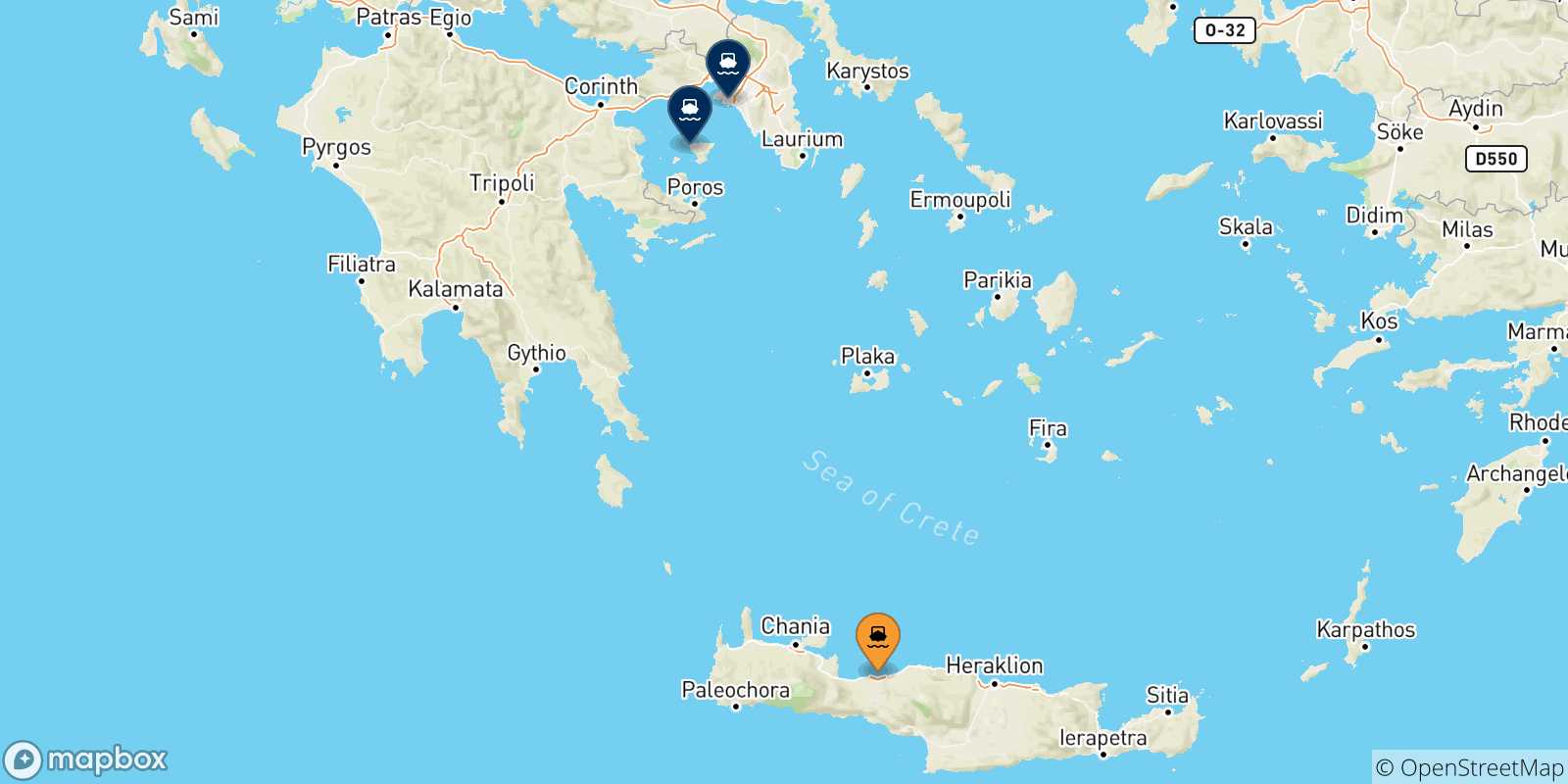 Carte des traversées possibles entre Myli (Agistri) et la Grèce