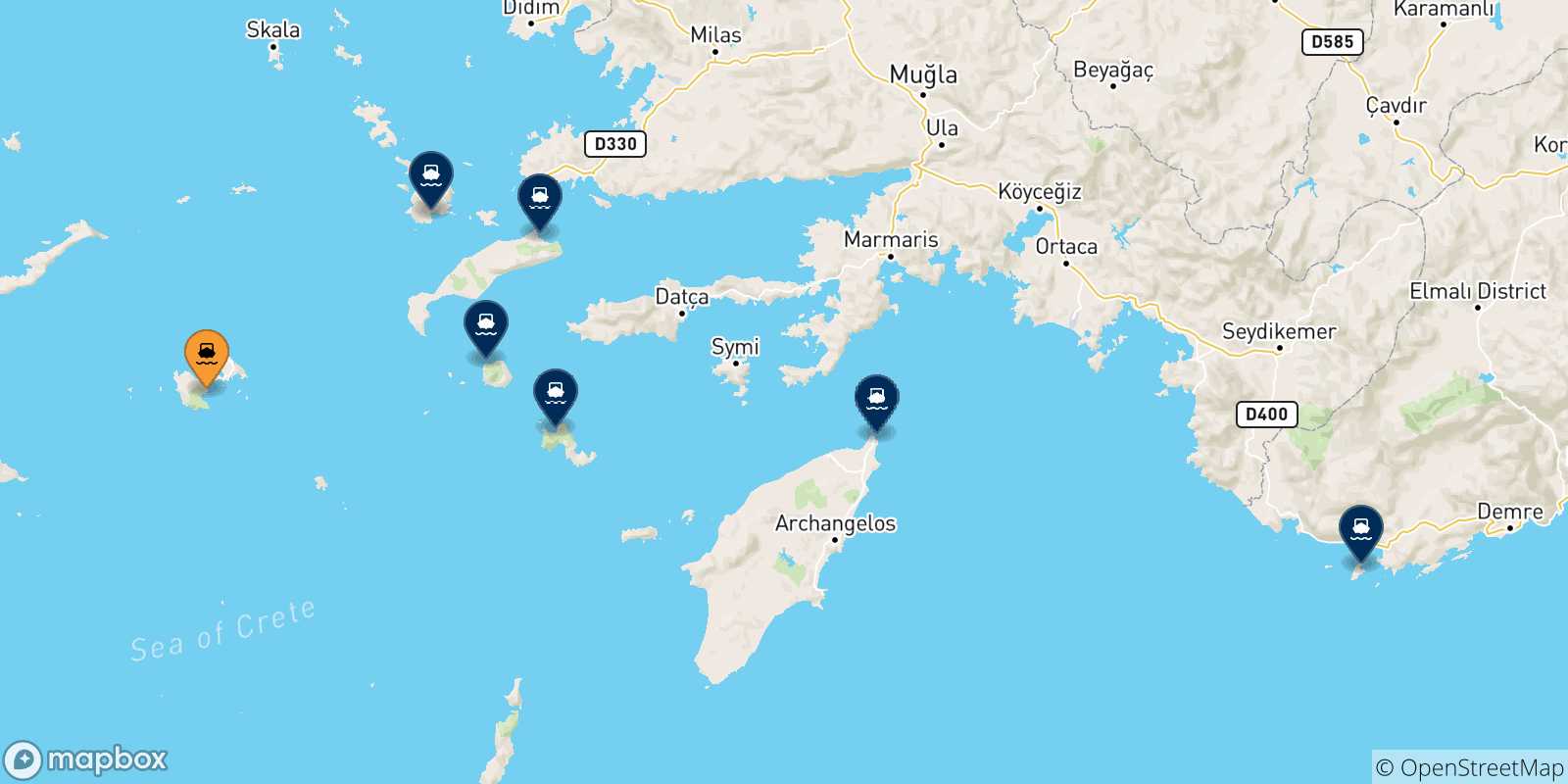 Carte des traversées possibles entre Astypalea et Îles Du Dodécanèse