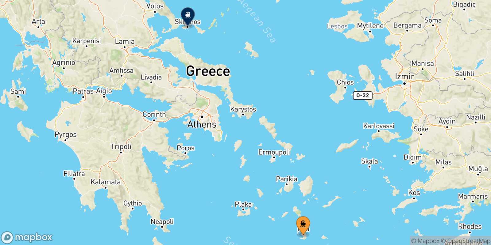 Carte des destinations de Thera (Santorin)
