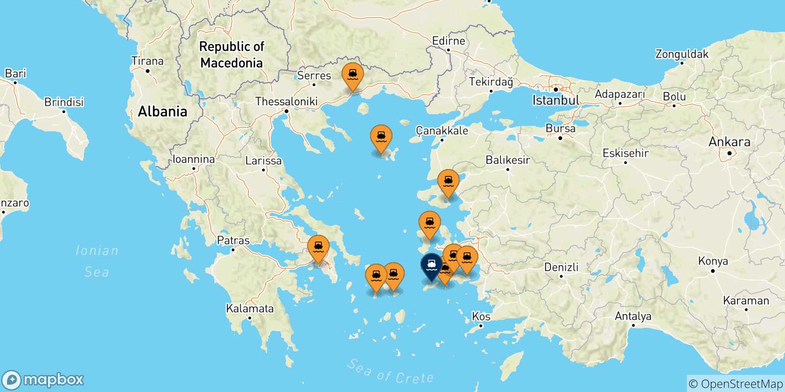Carte des traversées possibles entre la Grèce et Evdilos (Ikaria)