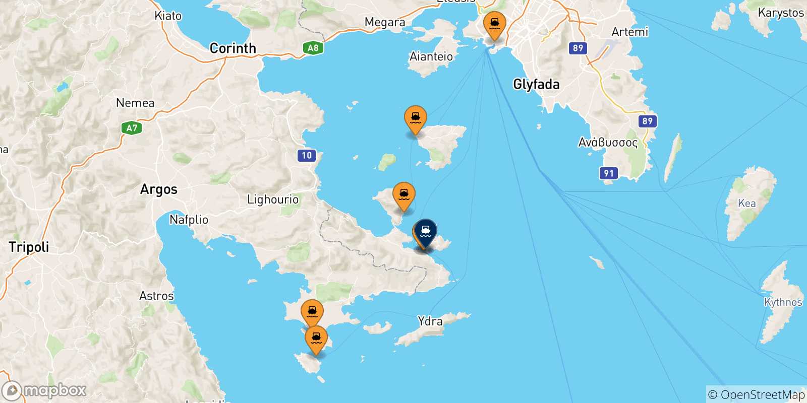 Carte des traversées possibles entre la Grèce et Poros