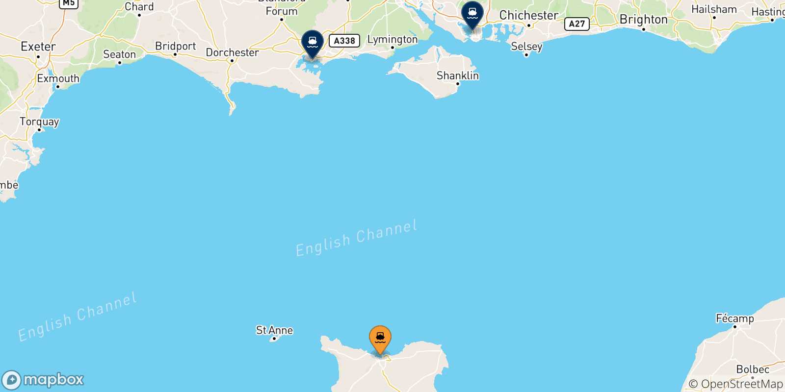 Carte des traversées possibles entre Cherbourg et l'Angleterre