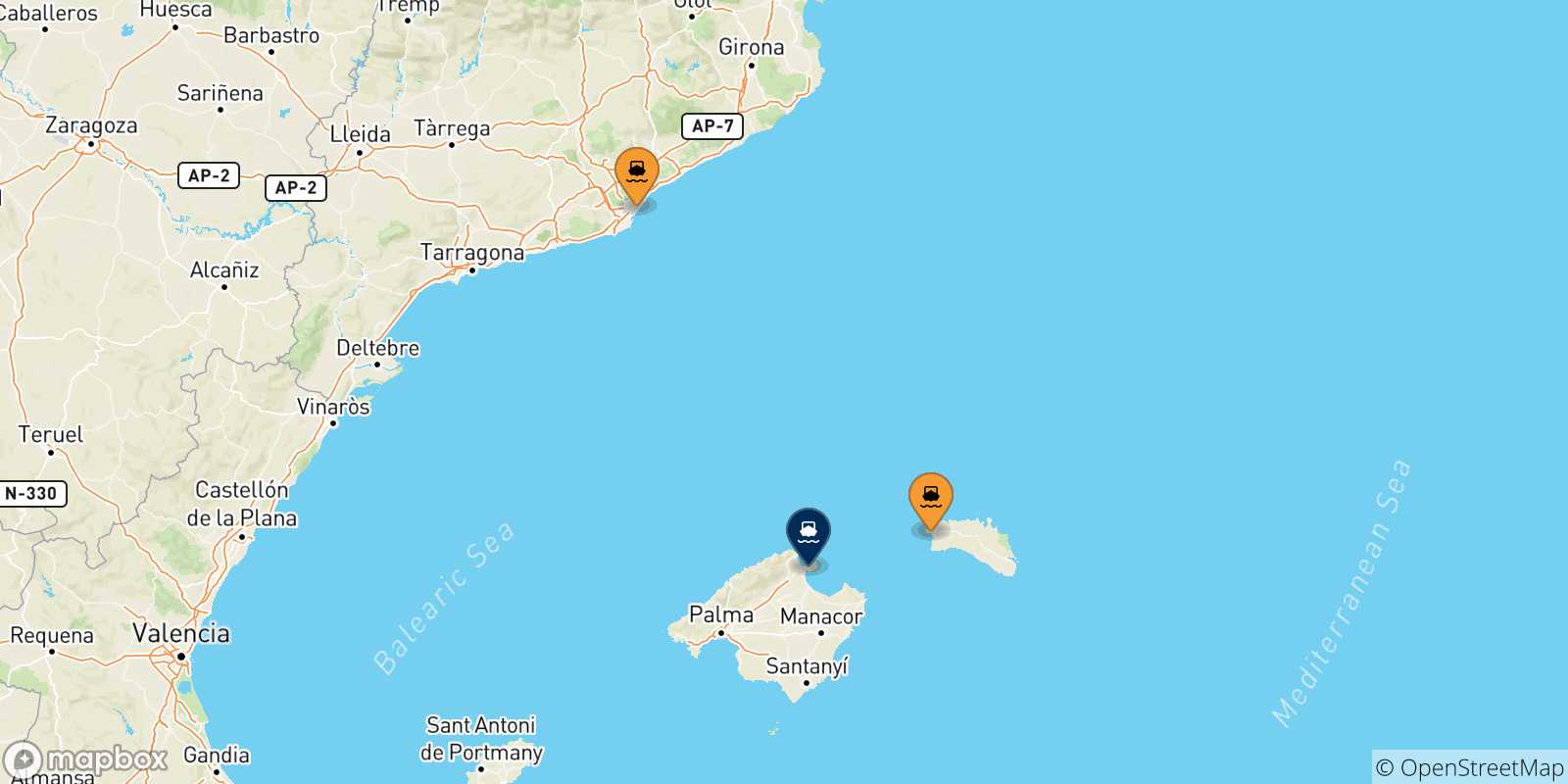 Carte des traversées possibles entre l'Espagne et Alcudia (Majorque)