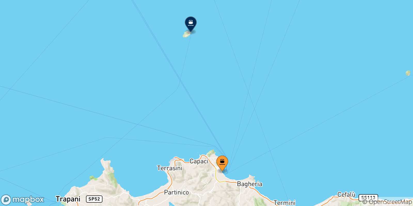Carte des traversées possibles entre la Sicile et l'Île D'ustica