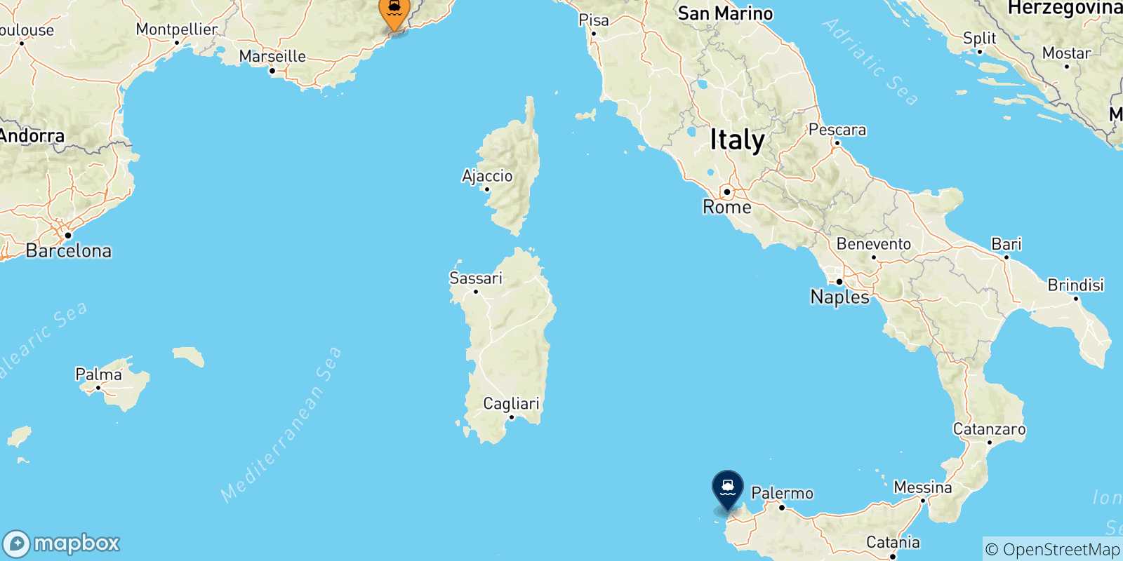 Carte des traversées possibles entre Nice et la Sicile