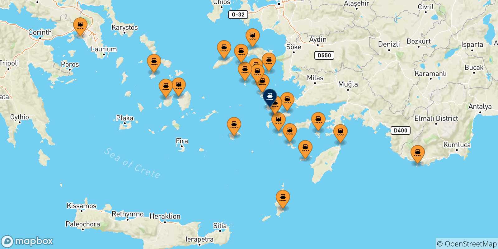 Carte des traversées possibles entre la Grèce et Kalymnos