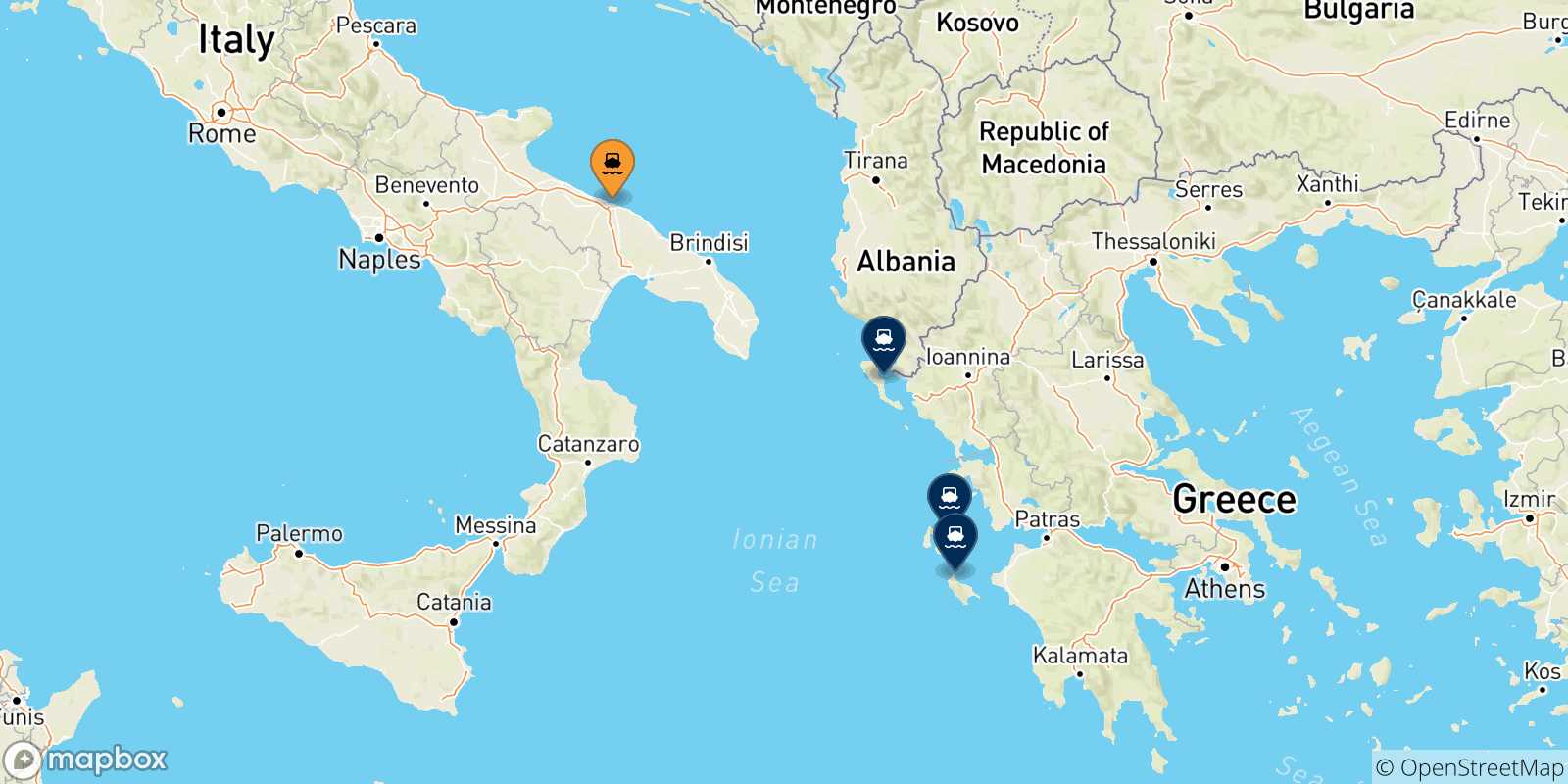 Carte des traversées possibles entre Bari et Îles Ioniennes