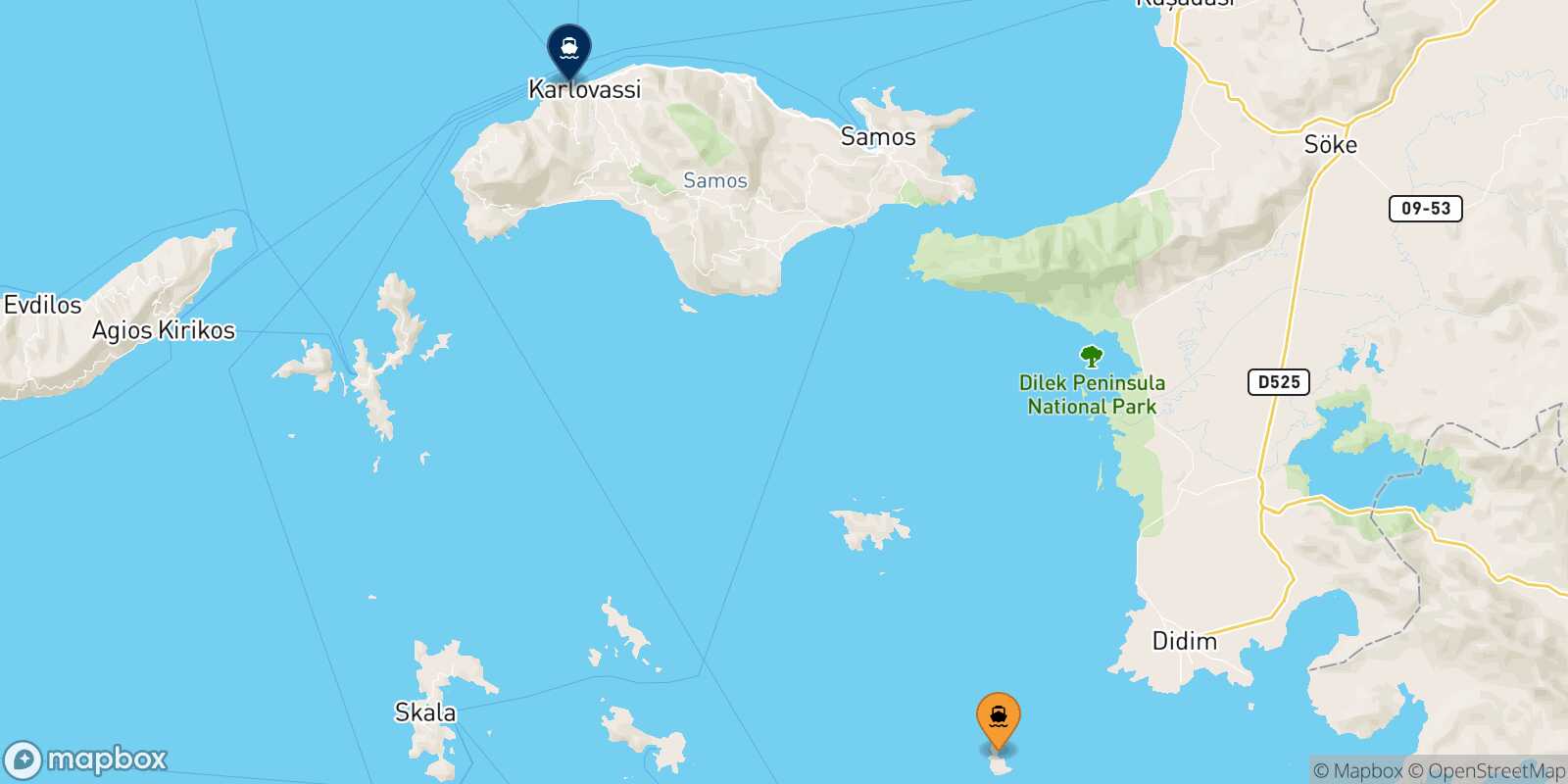 Carte des traverséesFarmakonisi Pythagorio (Samos)