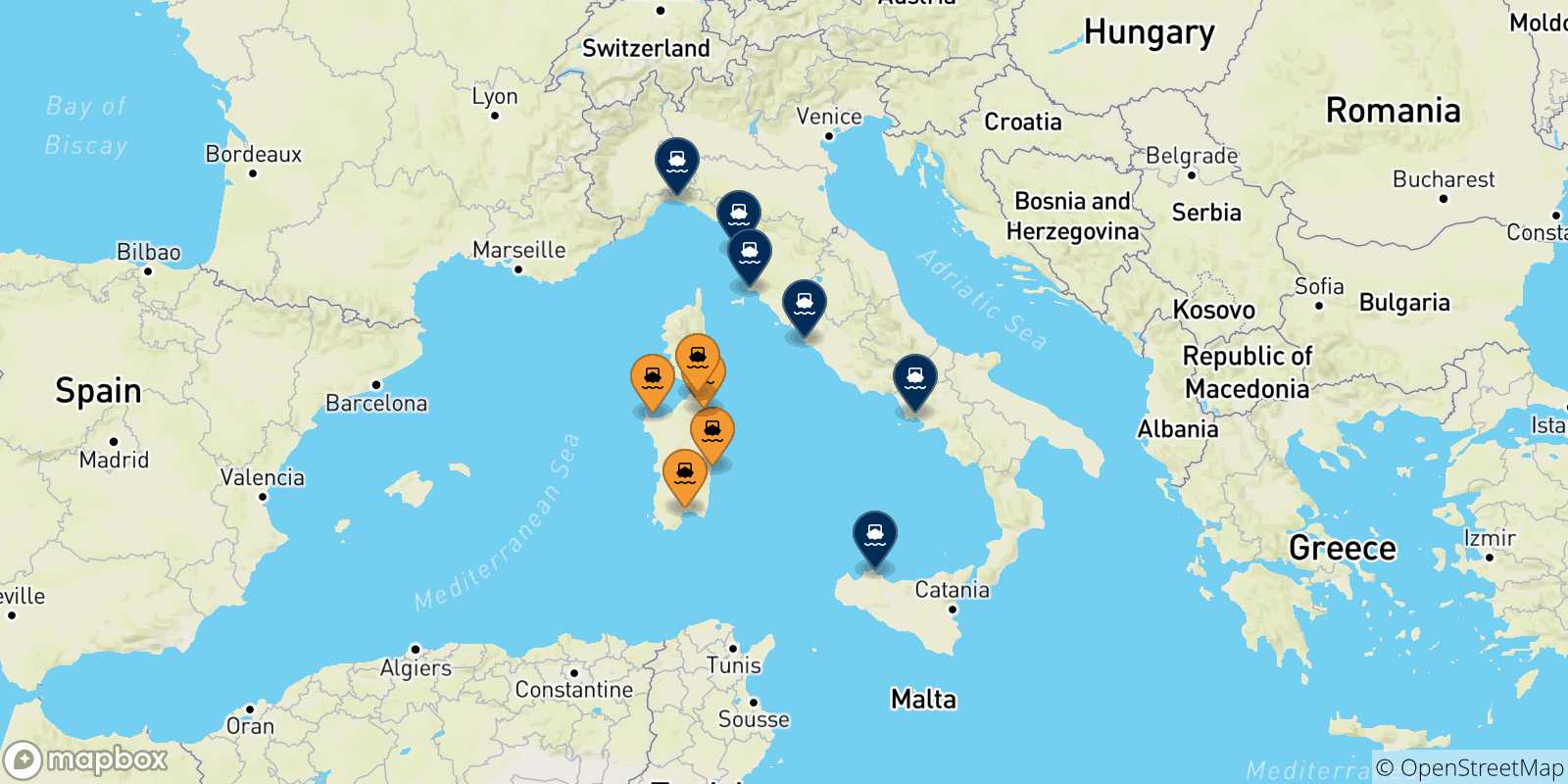 Carte des traversées possibles entre la Sardaigne et l'Italie