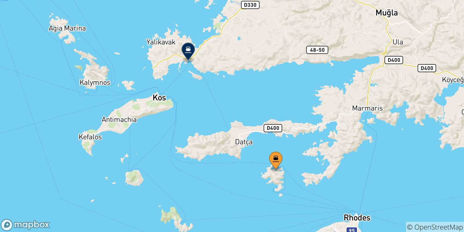 Carte des traversées possibles entre Symi et la Turquie