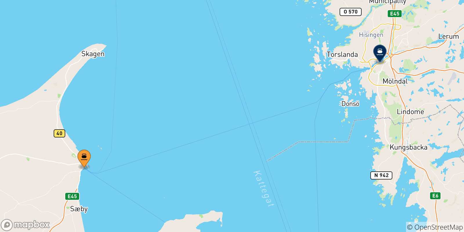 Carte des traversées possibles entre le Danemark et Goteborg