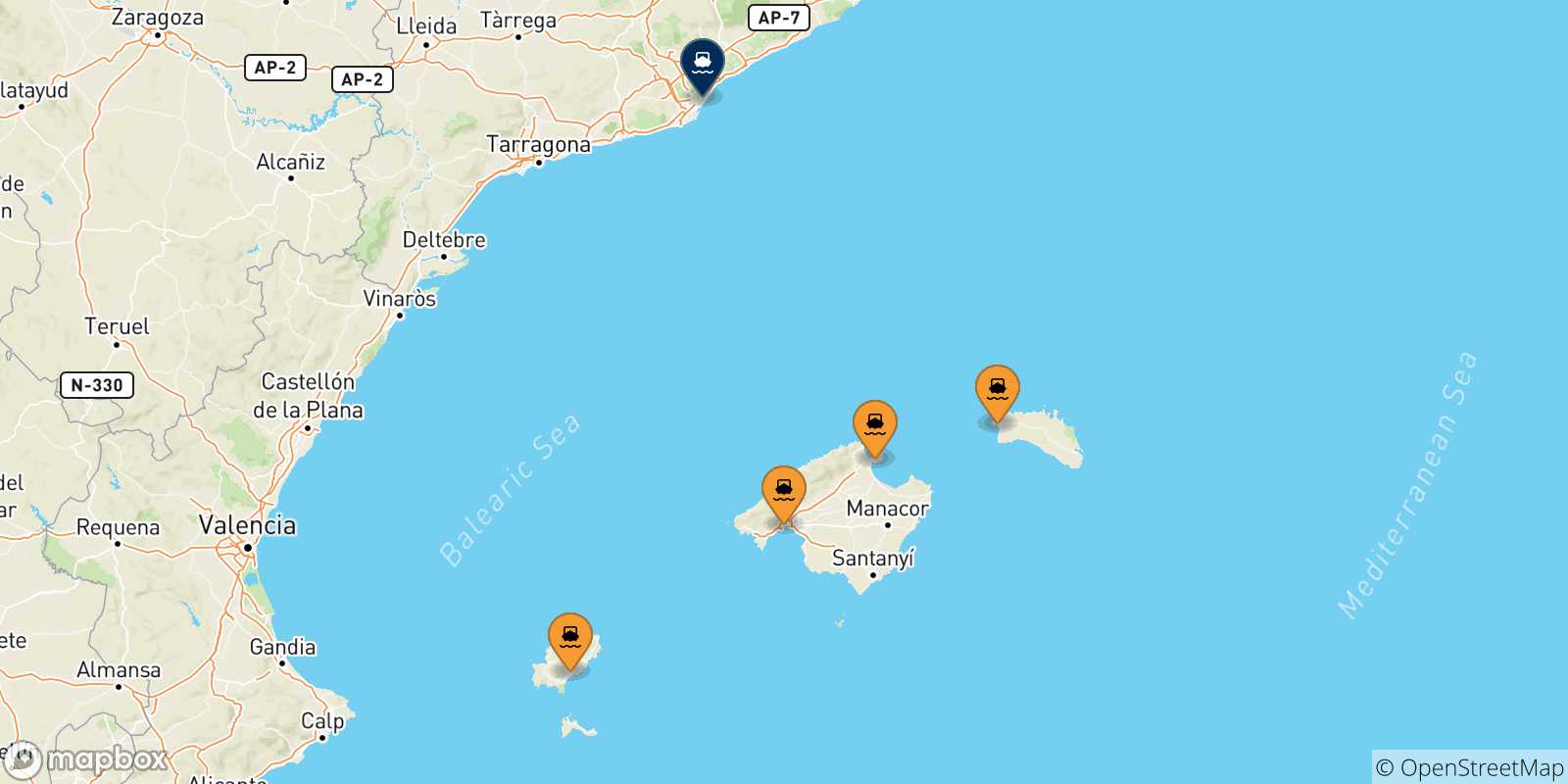 Carte des traversées possibles entre l'Espagne et Barcelone