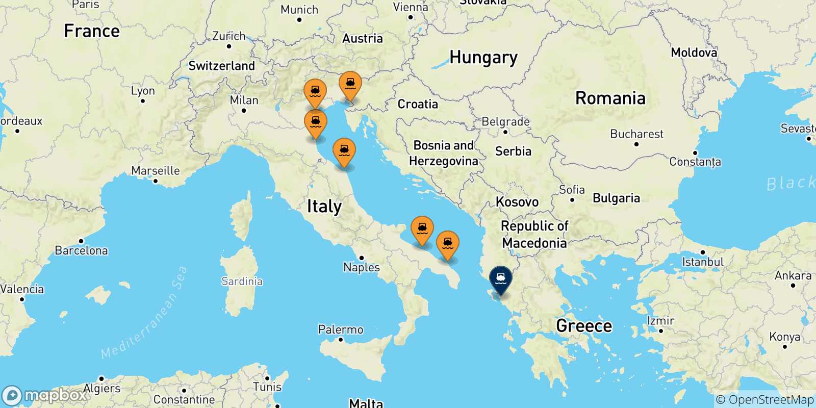 Carte des traversées possibles entre l'Italie et Igoumenitsa