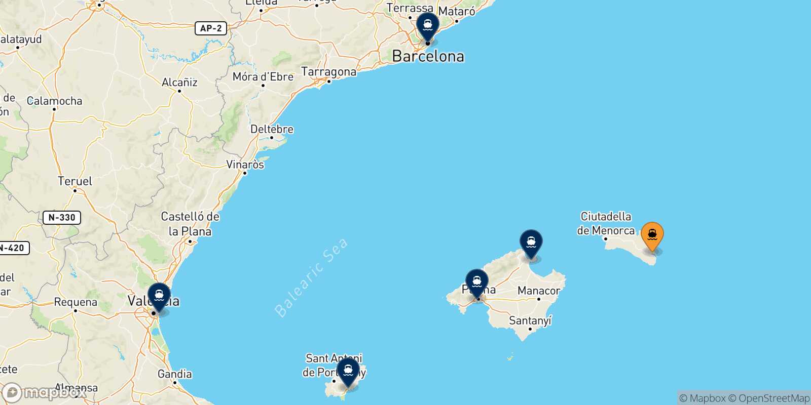 Carte des destinations de Mahon (Minorque)
