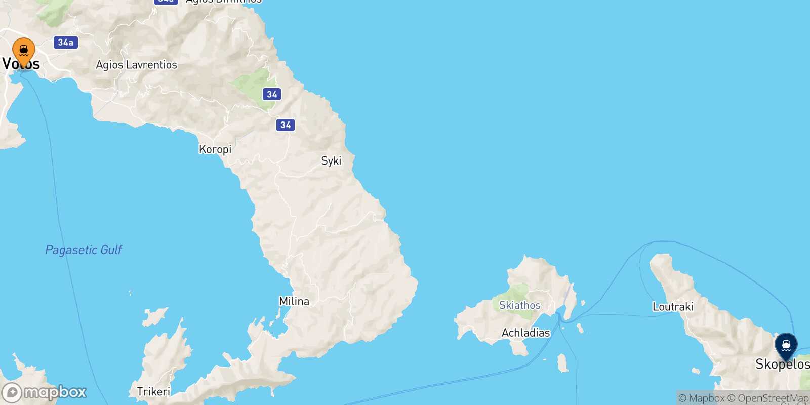 Carte des traverséesVolos Skopelos