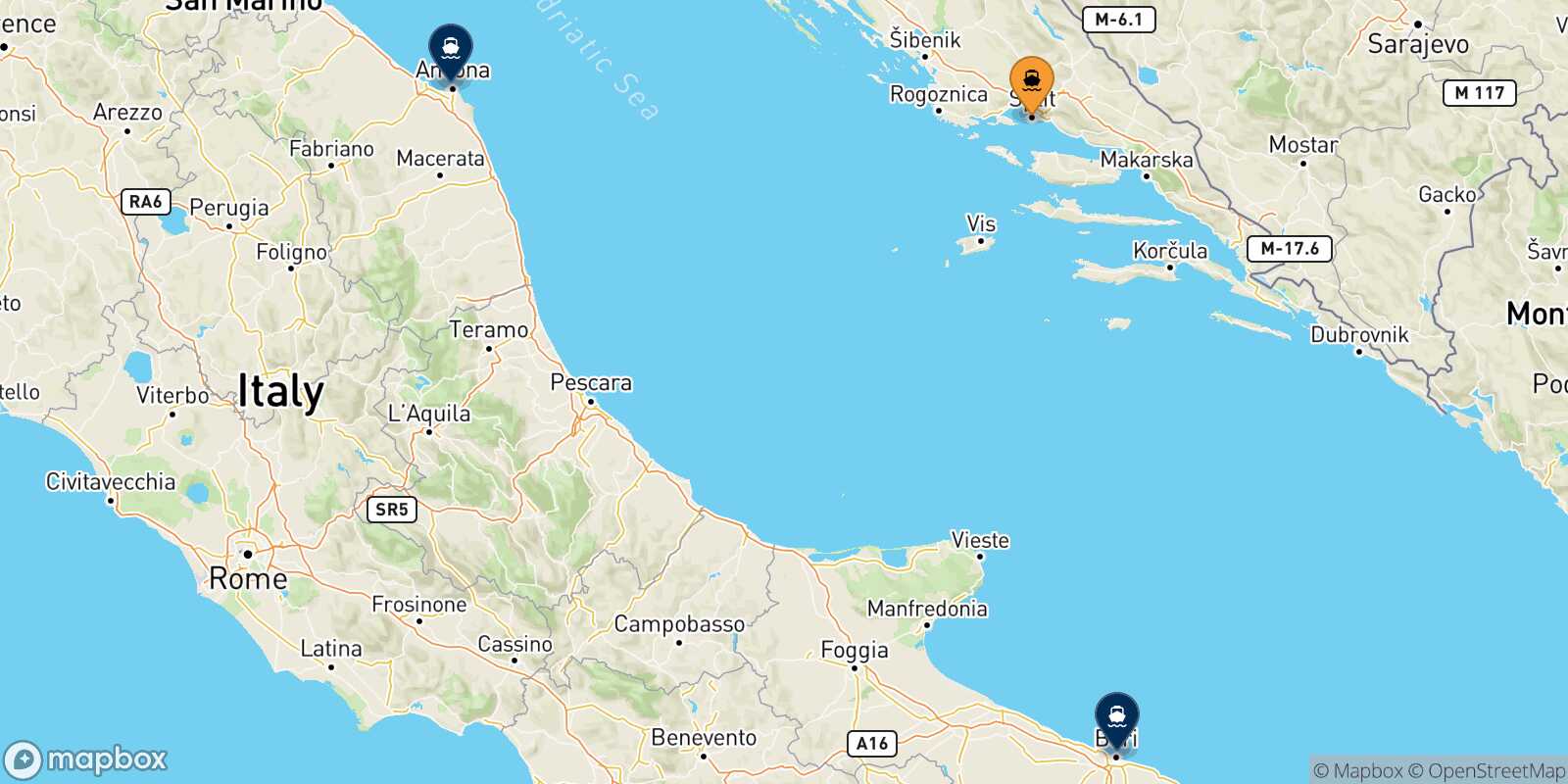 Carte des destinations de Split