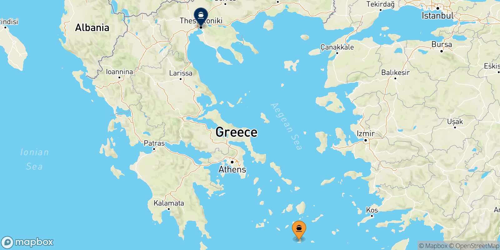 Carte des traverséesThera (Santorin) Thessalonique