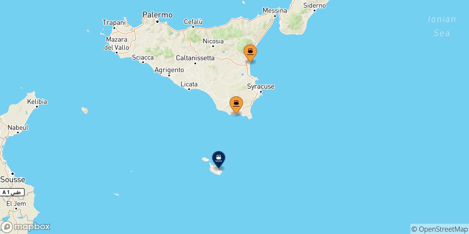 Carte des traversées possibles entre la Sicile et La Valletta (Malte)