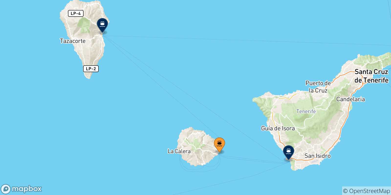 Carte des traversées possibles entre San Sebastian De La Gomera et les Îles Canaries