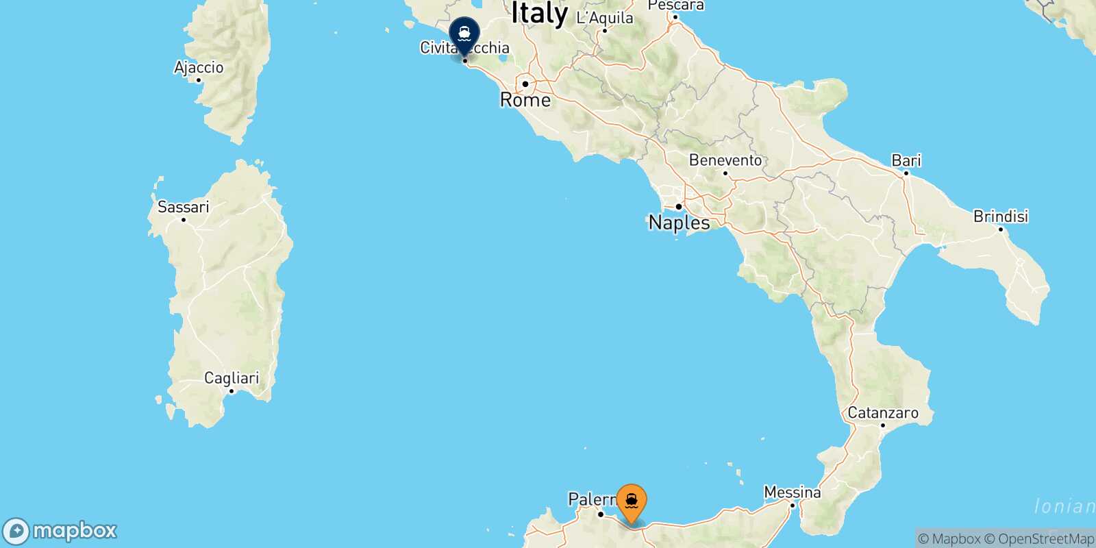 Carte des traverséesTermini Imerese Civitavecchia