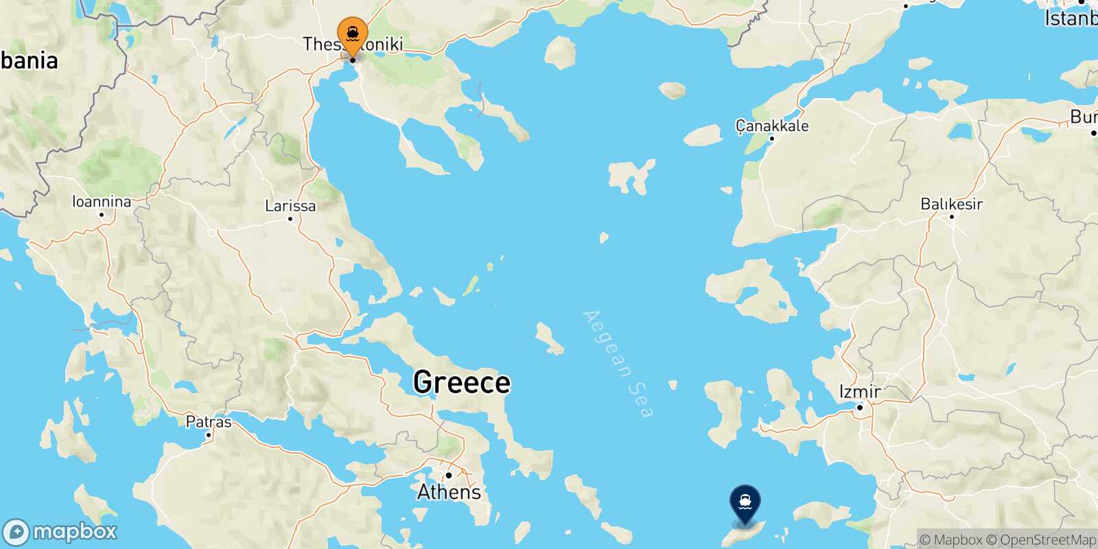 Carte des traverséesThessalonique Agios Kirikos (Ikaria)