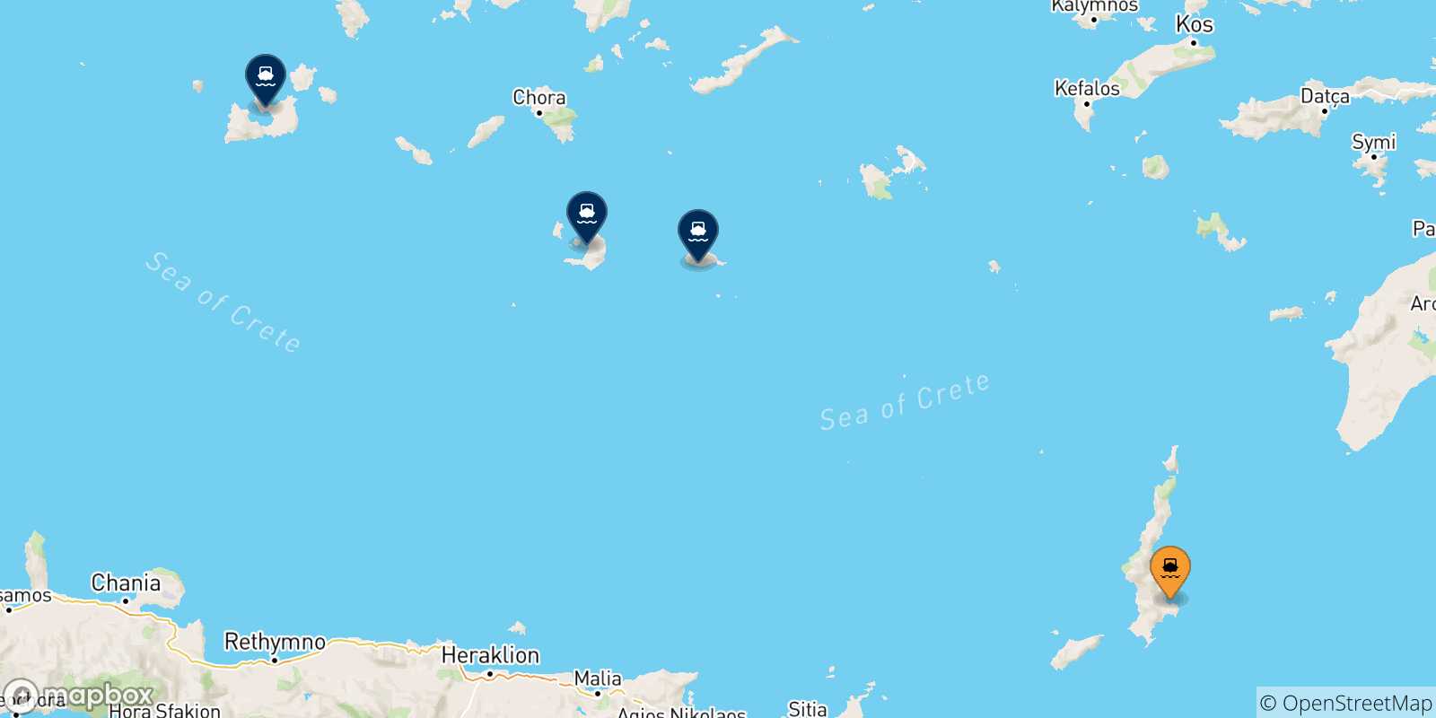 Carte des traversées possibles entre Karpathos et Îles Des Cyclades