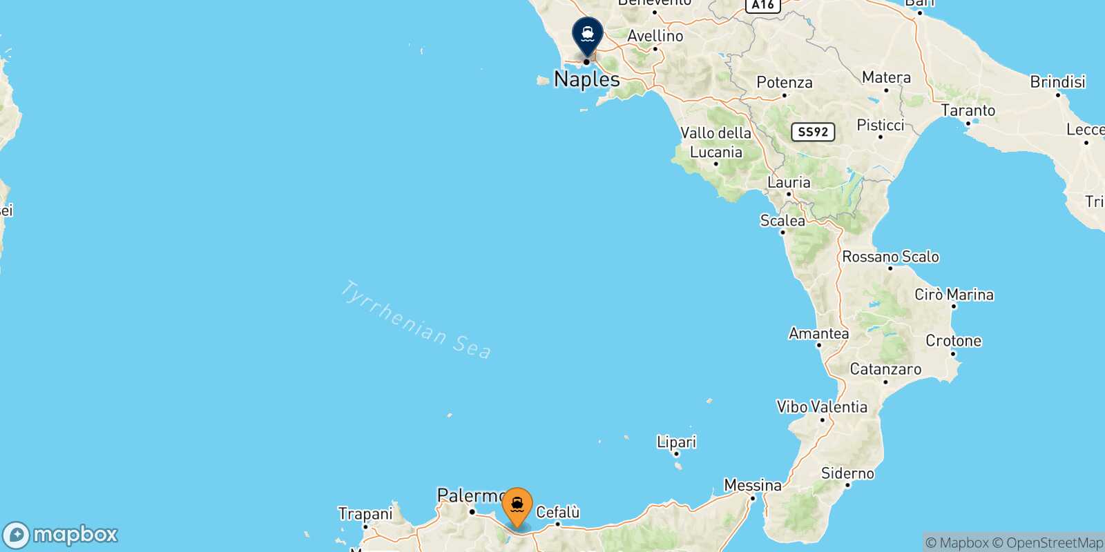 Carte des traverséesTermini Imerese Naples