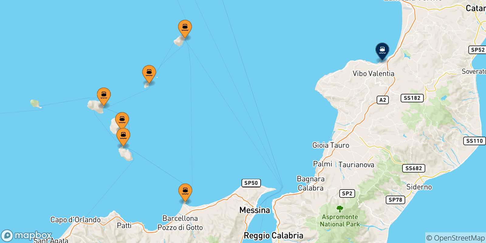 Carte des traversées possibles entre l'Italie et Vibo Valentia