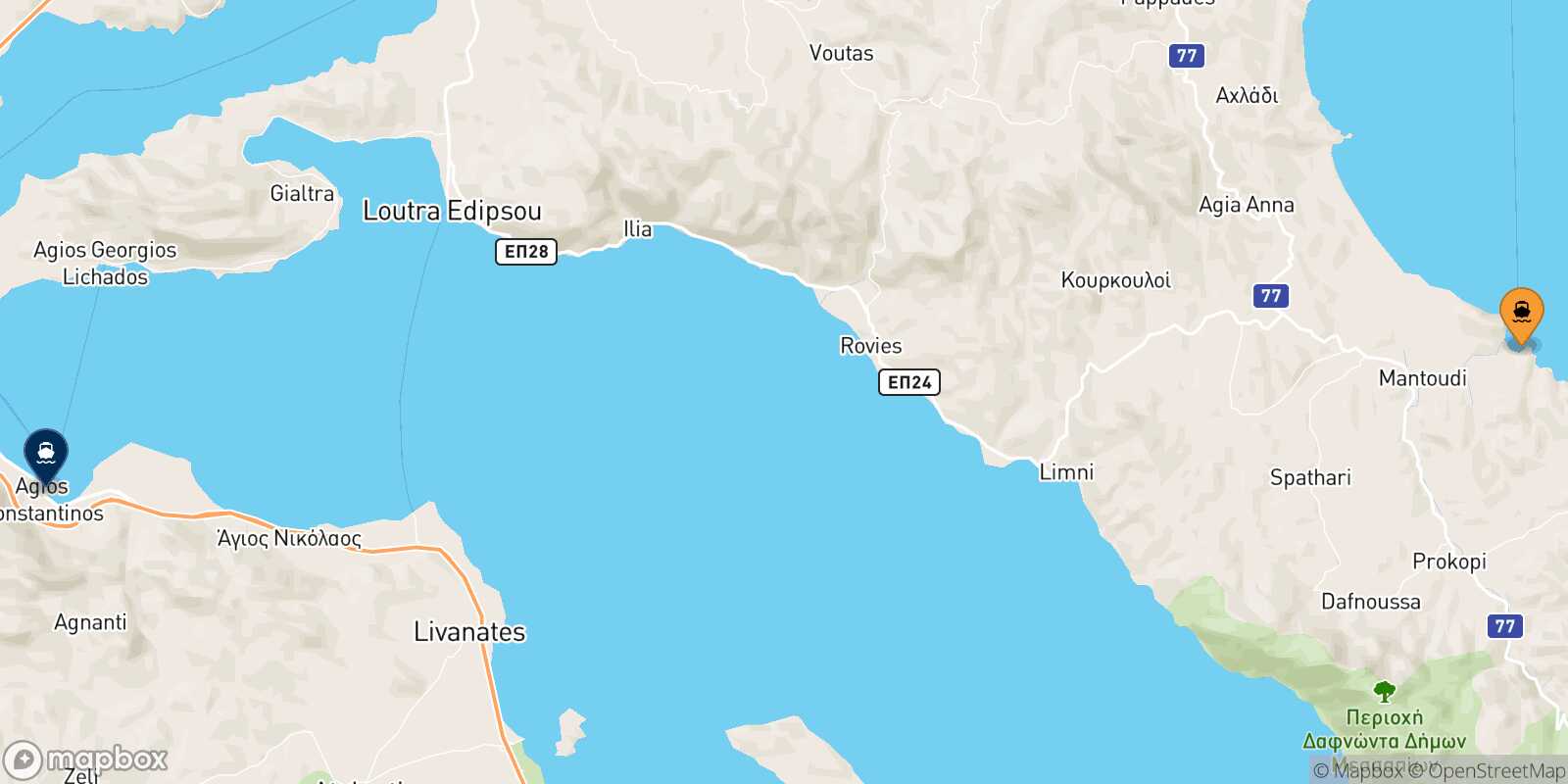 Carte des traverséesMantoudi (Evia) Agios Konstantinos