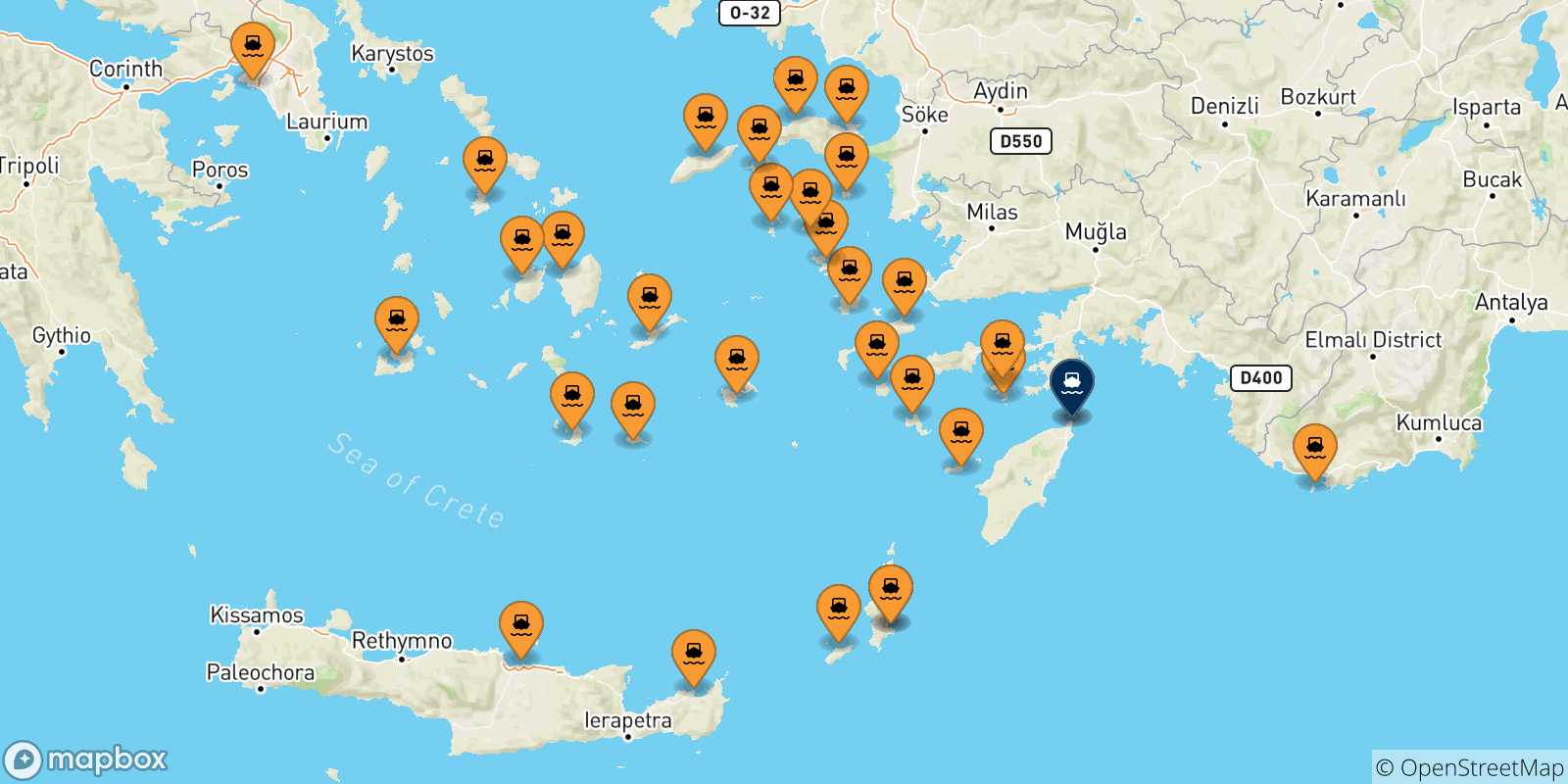 Carte des traversées possibles entre la Grèce et Rhodes