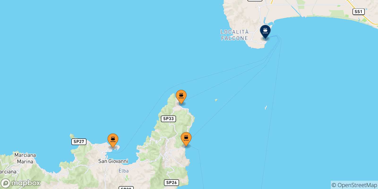 Carte des traversées possibles entre l'Île D'elbe et Piombino