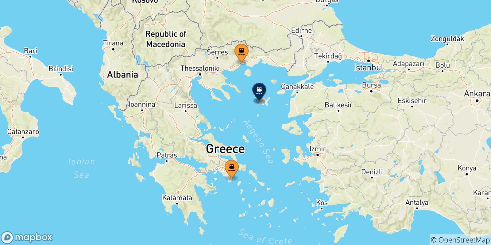 Carte des traversées possibles entre la Grèce et Agios Efstratios