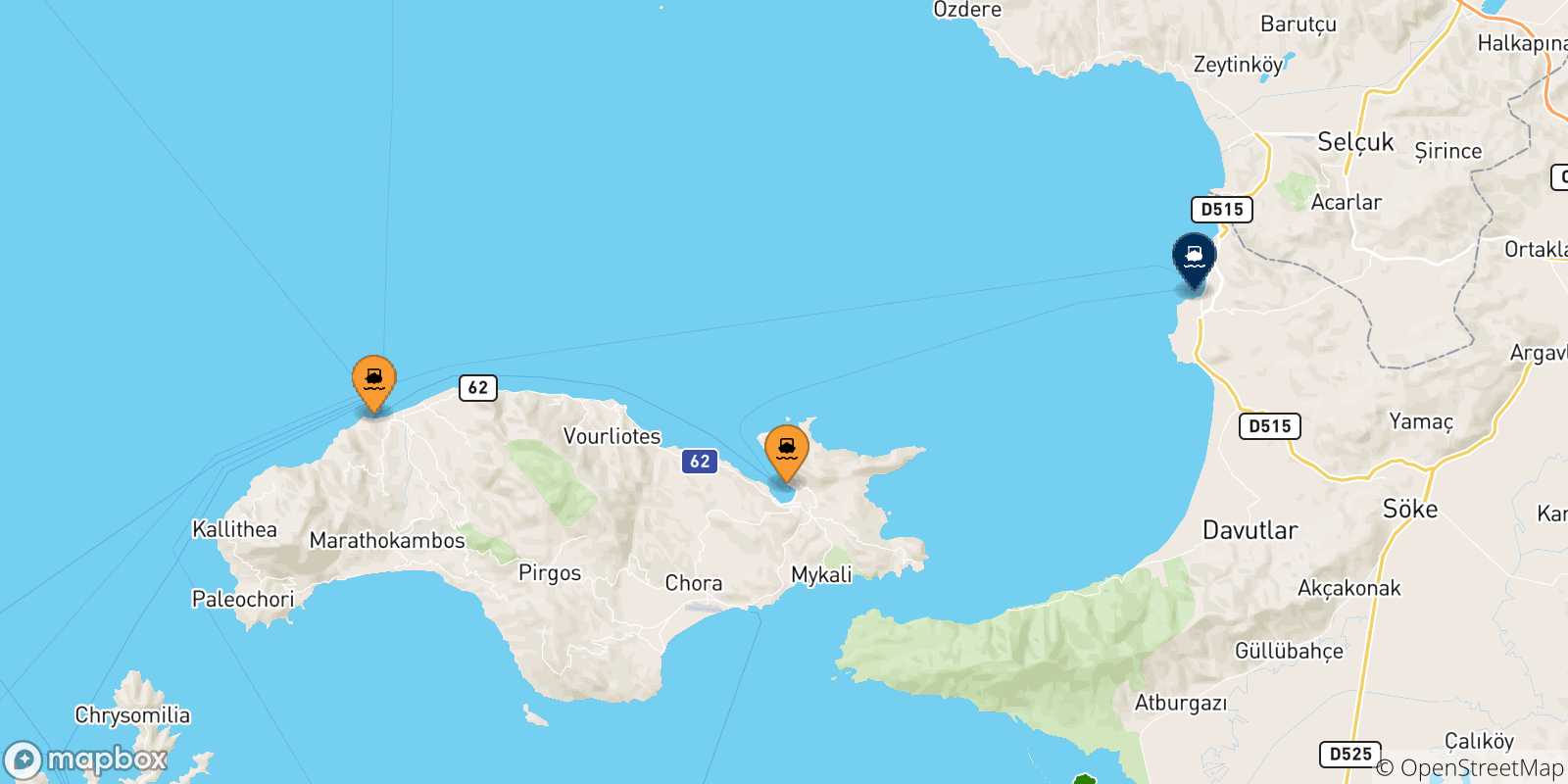 Carte des traversées possibles entre les Îles Égéennes et Kusadasi