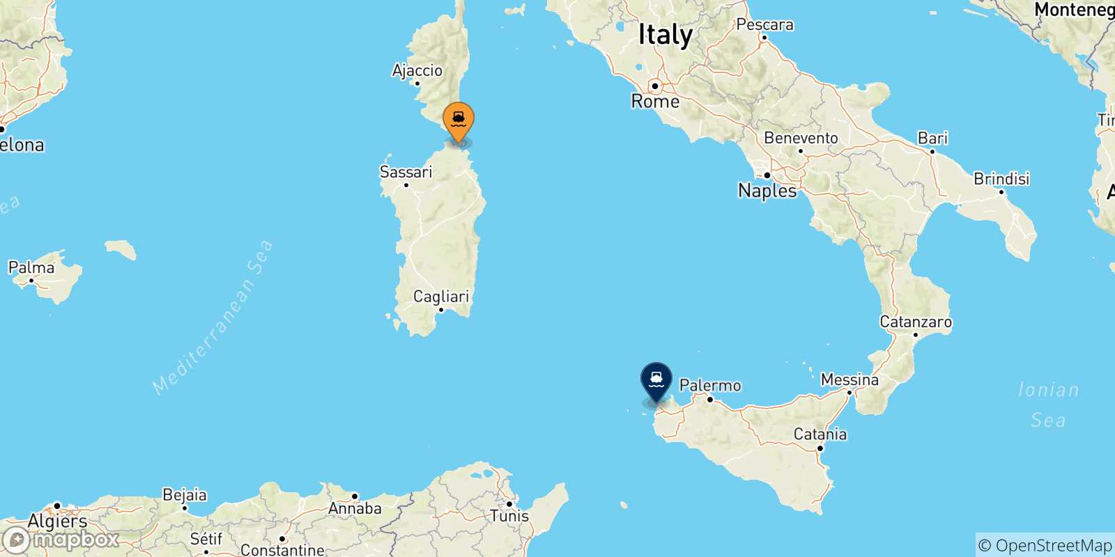 Carte des traversées possibles entre Golfo Aranci et la Sicile