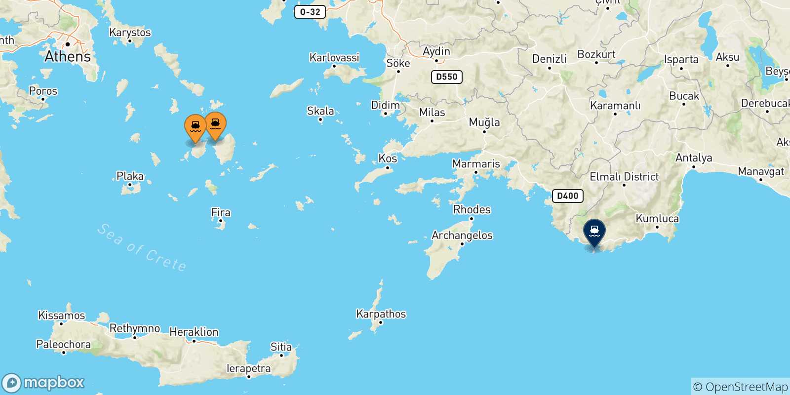 Carte des traversées possibles entre Îles Des Cyclades et Kastellórizo