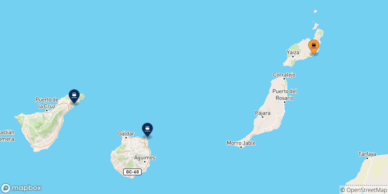 Carte des traversées possibles entre Arrecife (Lanzarote) et les Îles Canaries