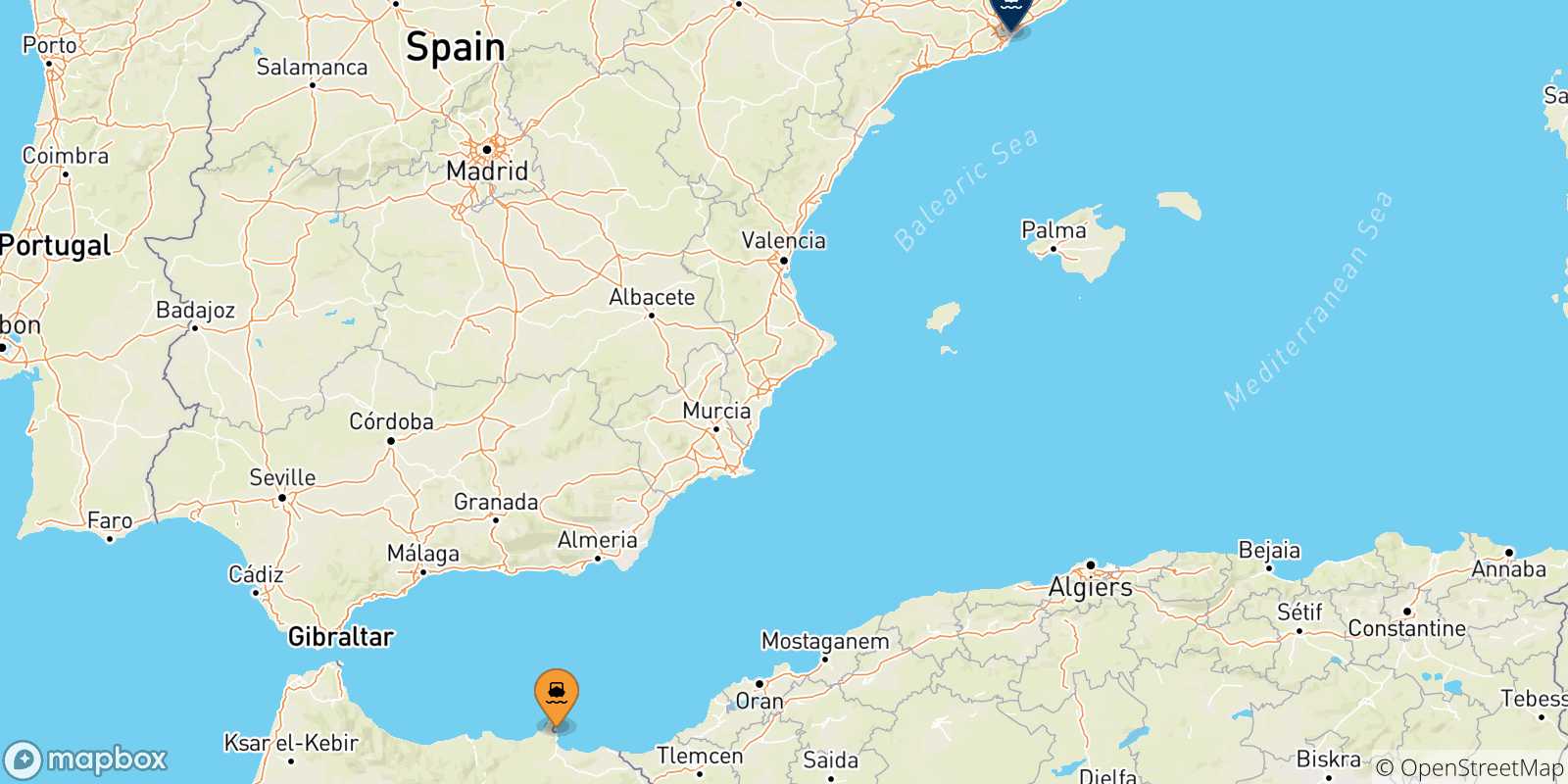 Carte des traversées possibles entre Nador et l'Espagne