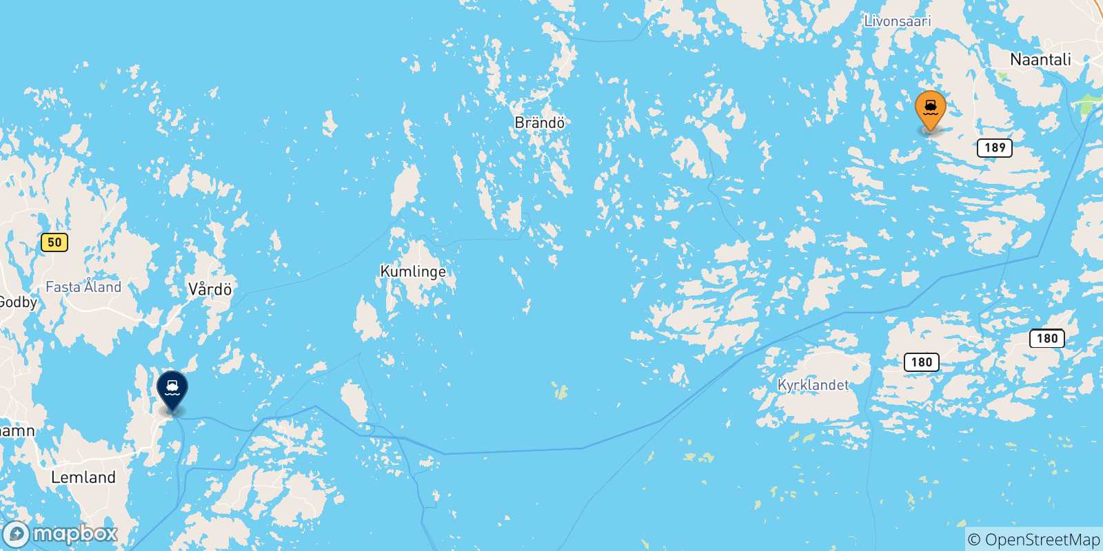 Carte des traversées possibles entre Naantali et les Îles Aland