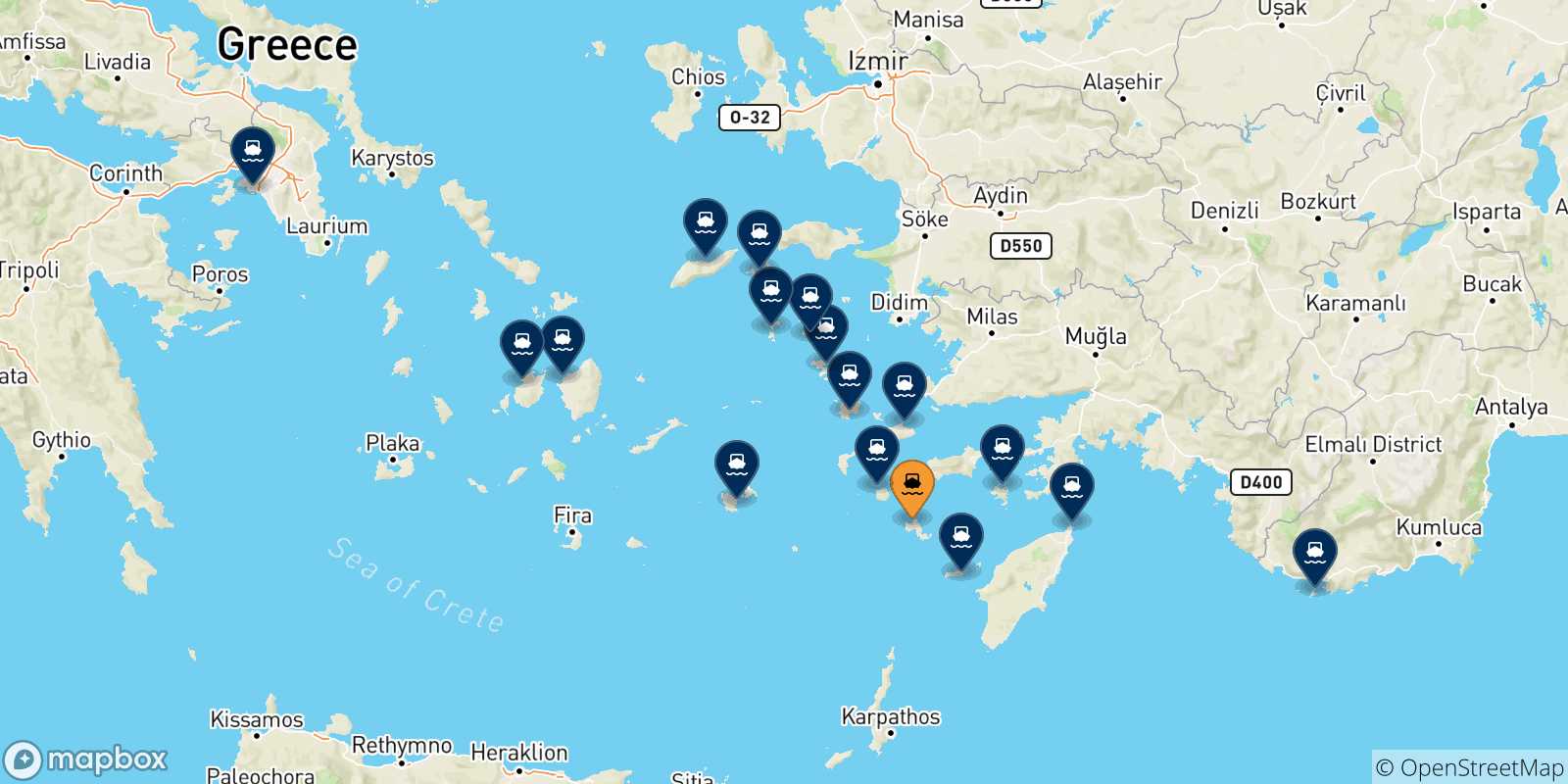 Carte des traversées possibles entre Tilos et la Grèce
