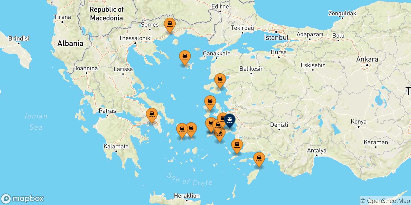 Carte des traversées possibles entre la Grèce et Vathi (Samos)