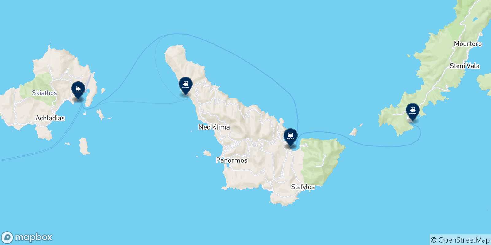 Carte des traversées possibles entre Skiathos et les Îles Sporades